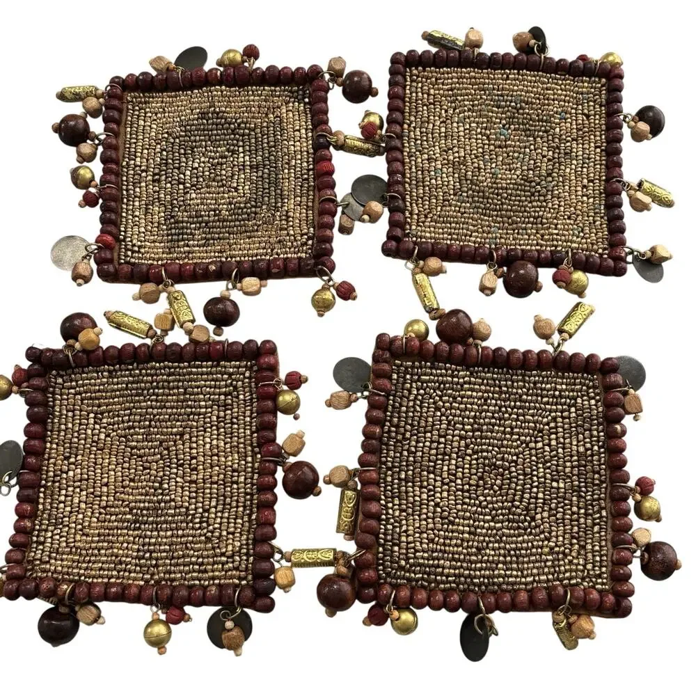 Z Gallerie Bronze Beads Wooden & Gold Bead Dangle Charms Trim Coasters Set of 4